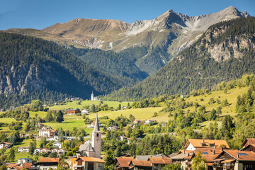 Fototapeta na wymiar Idyllic landscape of Filisur village in Engadine valley, Swiss Alps, Switzerland