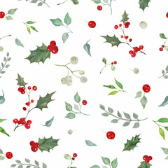 Watercolor floral Christmas seamless pattern with hand drawn watercolor holly branches, leaves and berries illustration. Repeat nature floral background for wrapping, packaging design or print.