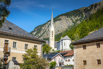 Idyllic landscape of Zernez village, Engadine, Swiss Alps, Switzerland