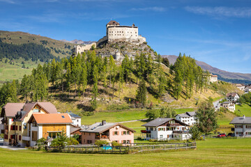 Idyllic landscape of Scuol Tarasp village, Engadine, Swiss Alps, Switzerland