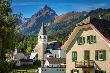 Idyllic landscape of Scuol Tarasp village, Engadine, Swiss Alps, Switzerland