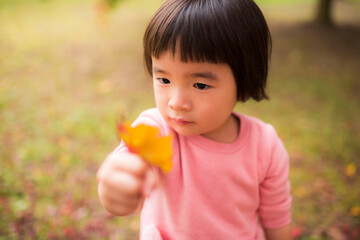 紅葉が綺麗な公園で自然を楽しむ3歳の女の子