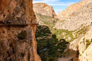 Fototapeta na wymiar Caminito del Ray, Spain, November 24th 2022: The King's Path. A walkway along the steep walls of a narrow gorge in Spain.