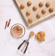 Overhead view of raw snickerdoodle cookie dough with scoops on a sheet pan; copy space