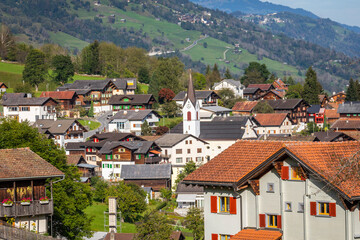 Idyllic landscape of village in Engadine valley, Swiss Alps, Switzerland