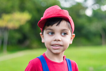 Cute boy in blue and red outfit in the park