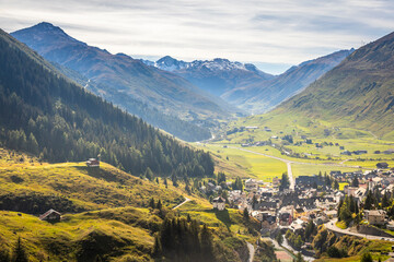 Idyllic landscape of Andermatt village, Swiss Alps, Switzerland