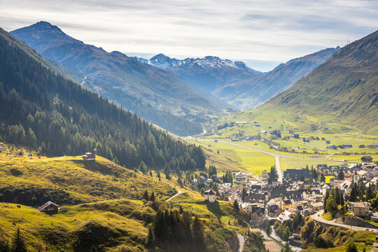 Idyllic landscape of Andermatt village, Swiss Alps, Switzerland
