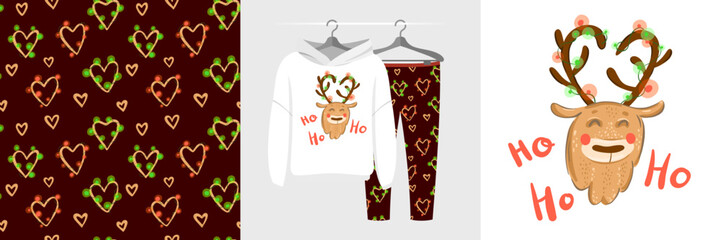 Seamless Christmas pattern and illustration for kid with deer, Ho Ho Ho text. Cute design on pajamas mockup. Baby background for clothes wear, festive decor, t-shirt, greeting cards, wrapping