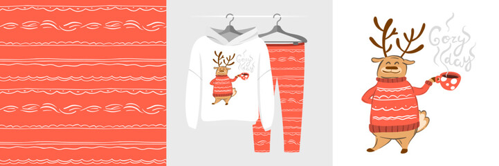 Fototapeta premium Seamless Christmas pattern and illustration for kid with deer hugs cup of cocoa. Cute design on pajamas mockup. Baby background for clothes wear, room decor, t-shirt, baby shower invitation, wrapping