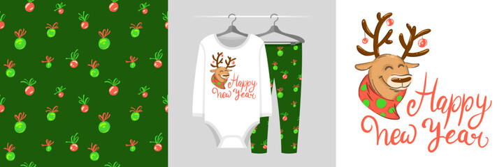 Seamless Christmas pattern and illustration for kid with deer, Happy New Year text. Cute design on pajamas mockup. Baby background for clothes wear, festive decor, t-shirt, greeting cards, wrapping
