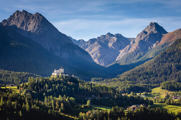 Fototapeta na wymiar Above idyllic Scuol Tarasp village, Engadine, Swiss Alps, Switzerland