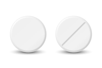 Vector 3d Realistic Round White Pharmaceutical Medical Pill, Capsule, Tablet Icon Set Isolated on White Background. Front View. Medical Concept