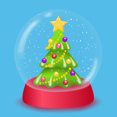 A glass snow globe with a decorated Christmas tree inside. Realistic glass ball template. Decorative design element for winter holidays. Vector illustration.