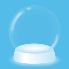 Empty transparent snow globe 3D on a blue background. White podium under a glass dome for product promotion. Design element for winter holidays. Vector illustration.