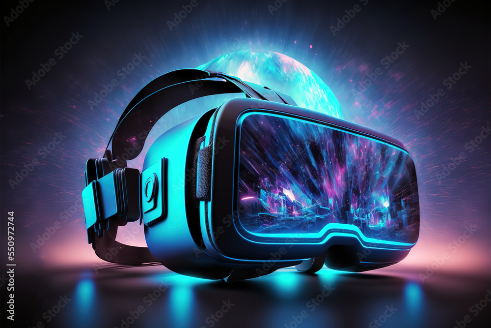 Poster virtual reality headset and controllers for gaming. 3d illustration
