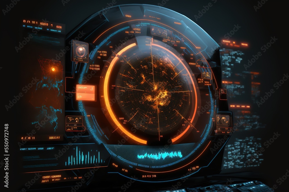 Poster HUD target aim controls on futuristic screen interface. Futuristic user interface HUD and Infographic elements. 3d illustration