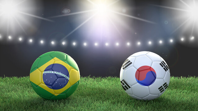 Two soccer balls in flags colors on stadium blurred background. Brazil vs South Korea. 3d image