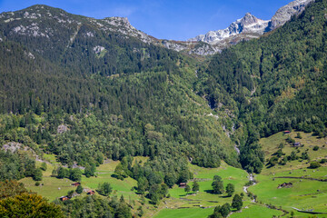Fototapeta na wymiar Idyllic landscape of village in Graubunden Canton, Swiss Alps, Switzerland