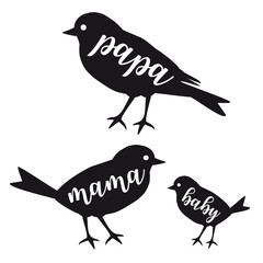 Bird family, mama, papa, and baby bird, black silhouettes, design for Mother's day, Father's day, illustration over a transparent background, PNG image