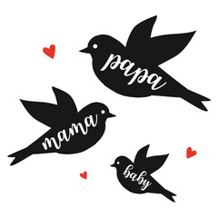 Bird family, mama, papa, and baby bird, flying black silhouettes, design for Mother's day, Father's day, illustration over a transparent background, PNG image