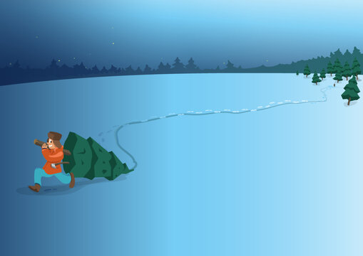 Grafik Mann im Schnee bei Klauen eines Weihnachtsbaums