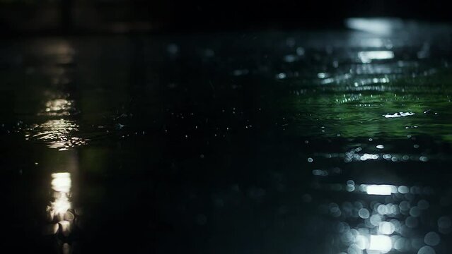 Close-up at night, drops of summer or autumn rain fall on the asphalt in the city passing cars and motorcycles in heavy rain, turning into a large puddle, flooding the street. Season and heavy rains.