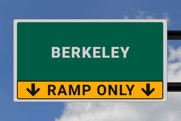 Berkeley logo. Berkeley lettering on a road sign. Signpost at entrance to Berkeley, USA. Green pointer in American style. Road sign in the United States of America. Sky in background