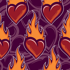 Burning heart seamless pattern vector image with love heart and fire flame art graphic for print, Valentine's day wrapping paper, postcard, wallpaper and textile design.