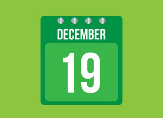 19 day december calendar vector. Calendar page icon for the month of december with metallic pin. Calendar on green background.