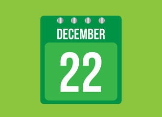 22 day december calendar vector. Calendar page icon for the month of december with metallic pin. Calendar on green background.