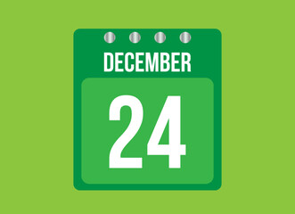 24 day december calendar vector. Calendar page icon for the month of december with metallic pin. Calendar on green background.