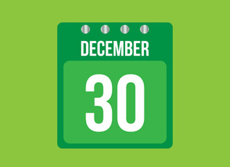 30 day december calendar vector. Calendar page icon for the month of december with metallic pin. Calendar on green background.