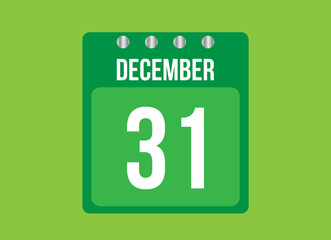 31 day december calendar vector. Calendar page icon for the month of december with metallic pin. Calendar on green background.