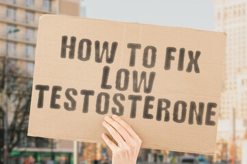 The phrase " How to fix low testosterone " is on a banner in men's hands with blurred background. Science. System. Test. Therapy. Low. Male. Libido. Steroid. Biochemistry. Biology. Brain. Chemistry