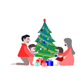  Vector Parents and children help decorate the Christmas tree.family and happy new year concept.illusatration on isalate white background.