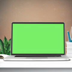 Computer mockup background on table. Laptop with empty screen