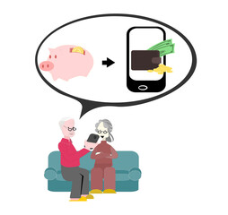 illustration old man and old woman sitting on the sofa watching the mobile.Grandparents use your savings to invest in cryptocurrencies.digital money concept. Technology Learning for the Elderly.