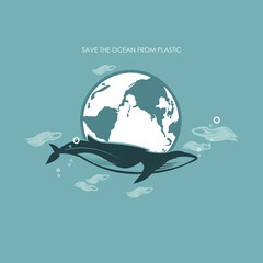 plastic sea pollution pposter, silhouette of big whale and earth cector illustrations
