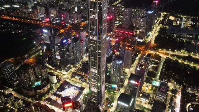 Aerial footage of night cityscape in downtown of shenzhen city, China,hyperlapse