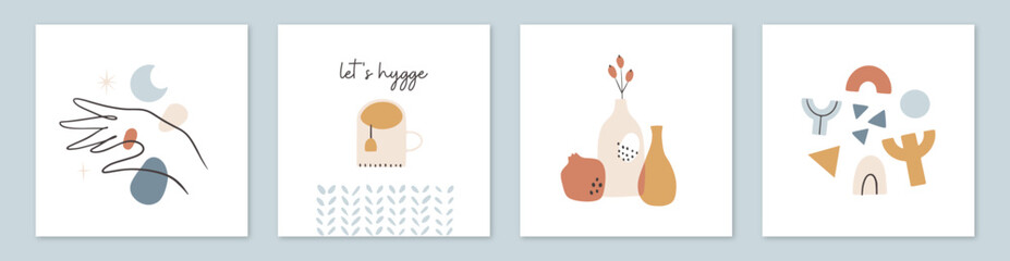 Set of winter Hygge themed square cards templates. Holiday season collection hand drawn vector illustrations.