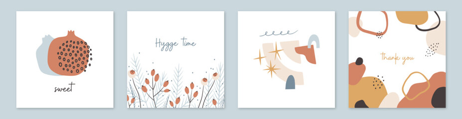 Set of winter Hygge themed square cards templates. Holiday season collection hand drawn vector illustrations.
