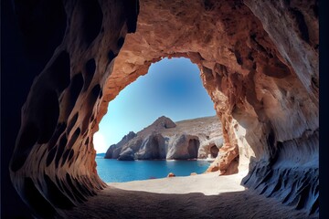 View of the volcanic open cave of Sykia Milos island