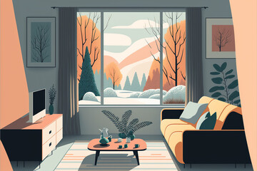 Retro postcard of a cozy living room with a big window with a view of a winter forest during the day