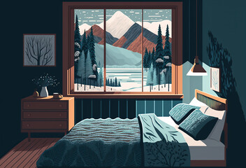 Postcard of an illustration of an interior of a bedroom with small lamps and a big window with a winter forest view
