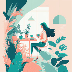 Vector of Woman drinking coffee in garden