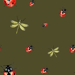 Ladybug red dragonfly green pattern a watercolor