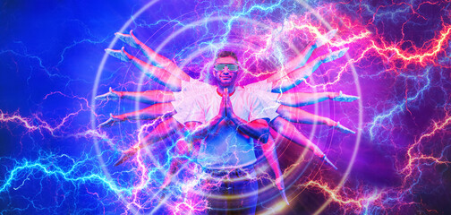 man warrior in fighting action of multihands on neon light background overlay with neon color lightning strike in fantasy fighting game