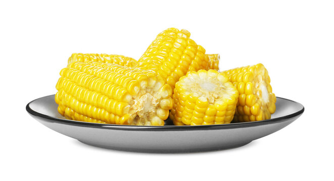 Plate with tasty cooked corn cobs on white background