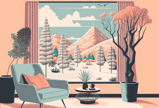Postcard of an illustration of a pink modern living room with a view of a winter forest during the day